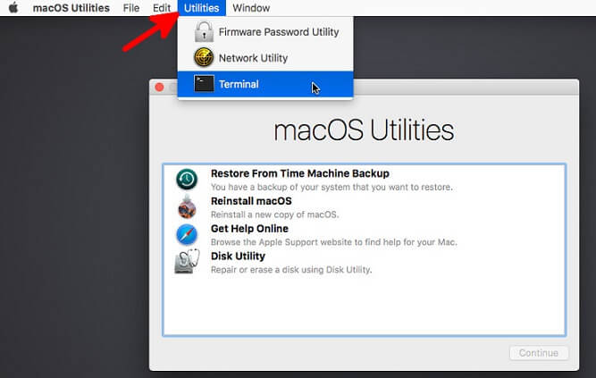Utilities Menu in Recovery Mode